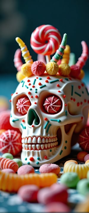 A whimsical still life setup features a sugar-coated skull with a lollipop crown and gumdrop jewelry. The skull's shape is adorned with colorful candies, like gummy worms and sour candies, arranged in a playful pattern. Soft focus lighting casts a warm glow on the sweet treats.