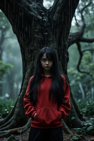 A serene and mysterious scene unfolds as a lone girl stands beneath the towering canopy of a big old tree, surrounded by the darkness of the forest. Her long black hair cascades down her back like a waterfall, while her piercing eyes shine bright despite being closed in a subtle smile. She wears long black loose trousers and a red hoodie, the latter's sleeves pushed up to reveal her hands buried deep into its pockets. The rain-soaked atmosphere casts a mystical glow, as if the forest itself is sharing secrets with this enigmatic figure. Shot from afar, the composition emphasizes the subject's solitude and connection with nature.