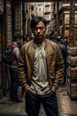 1man,((male)), ((front view)),((eyes on viewer)), man standing in the middle of a store wear jacket,((fit body)), a picture by Ni Yuanlu, pexels contest winner, photorealism, still from a live action movie, in style of kar wai wong, a still of kowloon, movie still 8 k, japanese live-action movie, cinematic. by leng jun, 8 k movie still