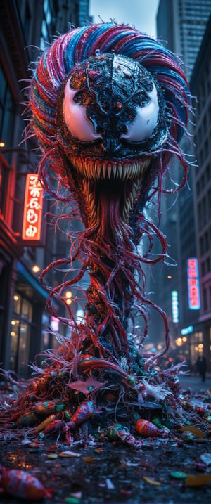 A vibrant, comic book-inspired image of a colourful candy cane symbiote merged with Venom's iconic face, set against a dark, gothic cityscape at dusk. The symbiote's swirling, sugary tendrils wrap around Venom's scowling visage, as he stands atop a pile of discarded candy wrappers and shattered glass, lit by the eerie glow of neon streetlights.