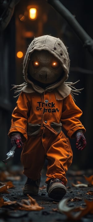 Sam's eerie figure emerges from darkness, round burlap sack mask like scarecrow hiding his face behind stitched seams and button eyes. orange Pyjamas hang loose on his small frame, like a child's costume gone awry. Bloodied hands grasp a crescent moon lollipop, as dry leaves crunch beneath his feet. The iconic phrase Trick-Or-Treat blazes in bold red letters, a beacon of dread against the desolate night.