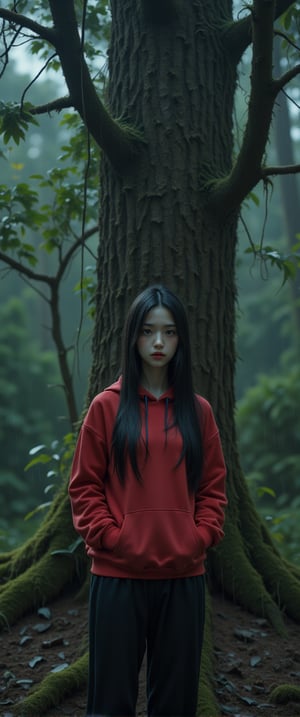 A serene and mysterious scene unfolds as a lone girl stands beneath the towering canopy of a big old tree, surrounded by the darkness of the forest. Her long black hair cascades down her back like a waterfall, while her piercing eyes shine bright despite being closed in a subtle smile. She wears long black loose trousers and a red hoodie, the latter's sleeves pushed up to reveal her hands buried deep into its pockets. The rain-soaked atmosphere casts a mystical glow, as if the forest itself is sharing secrets with this enigmatic figure. Shot from afar, the composition emphasizes the subject's solitude and connection with nature.