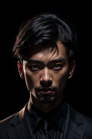 A mid-shot illustration of an Asian man's face, featuring short hair and a gaze slightly lifted as if observing something above. The camera captures the subtle sheen on his oily skin, which glistens in the dimly lit environment with key lighting. He wears a black suit against a simple background, framed straight-on, showcasing his middle-cut hairstyle.