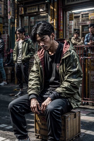 1man,((male)),looking at viewer, short hair, shirt, black hair, long sleeves, closed mouth, sitting_down, jacket, male focus, outdoors, multiple boys, open clothes, pants, hood, 2boys, open jacket, black shirt, black pants, denim, box,jacket, jeans, realistic, hands in pockets, shop,((fit body)), a picture by Ni Yuanlu, pexels contest winner, photorealism, still from a live action movie, in style of kar wai wong, a still of kowloon, movie still 8 k, japanese live-action movie, cinematic. by leng jun, 8 k movie still,TR mecha style,sunplaza, shop, realistic