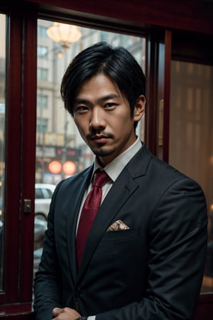 A striking editorial portrait of a suave Asian man, dressed in a dark suit and tie, poses confidently for the camera. The framing is tight, with the subject's face centered and the shoulders filling the frame. Naoki Ikushima's artistic direction guides the composition, as Wonbin Lee's lens captures every detail on the Canon EOS R5. The dramatic portraiture style, reminiscent of U-Know's (Uen) work, exudes sophistication. Siwoo Kim's gaze is piercing, while Jinyoung Shin's features are sharply defined in the high-resolution 8K image. Sun-hyuk Kim's expertise in photorealistic portraits shines through, as the subject appears almost three-dimensional against a subtle background.