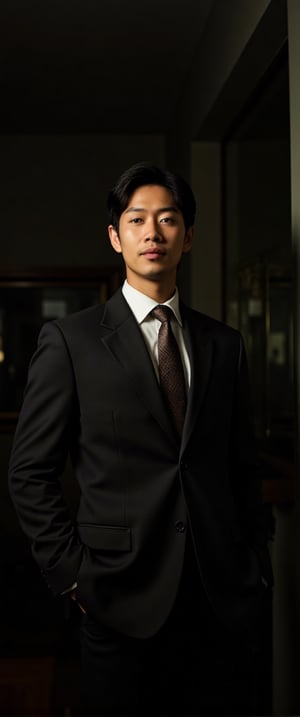 asian man in a suit and tie posing for a picture, short wavy hair, dark suit jacket, light-colored dress shirt, standing pose, looking slightly to the side, smooth skin, indoor environment, dark background with focused lighting, dramatic shadows, formal atmosphere, close-up shot, front view, deep depth of field, well-balanced exposure, no motion blur., cinematic headshot portrait, mid shot portrait, masahiro ito, well lit professional photo,dimly lit environment.