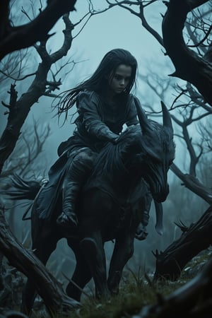  somber, misty forest setting at dusk, with twisted tree branches like skeletal fingers grasping towards the sky. A small, melancholic girl in a tattered dress ride A grotesque character, a figure with a slender yet muscular physique, its jawline protruding as two sharp fangs sprout from below like wicked daggers. The girl's face is deathly pale, her eyes sunken with a mix of fear and fascination as she gazes up at her monstrous companion.