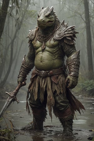 In a dimly lit, misty swamp setting, a behemoth alligator warrior stands tall, its scaly skin glistening with a silver sheen. The alligator's face is fierce, but the human visage on the back of its head appears weary, as if burdened by the weight of its beer belly and strongman physique. A red cross painted across its body serves as a symbol of its unyielding will. Clad in leather pants and boots, it wears a medieval steel helmet adorned with feathers, holding aloft a claw-like staff that seems to be pulsing with ancient power.