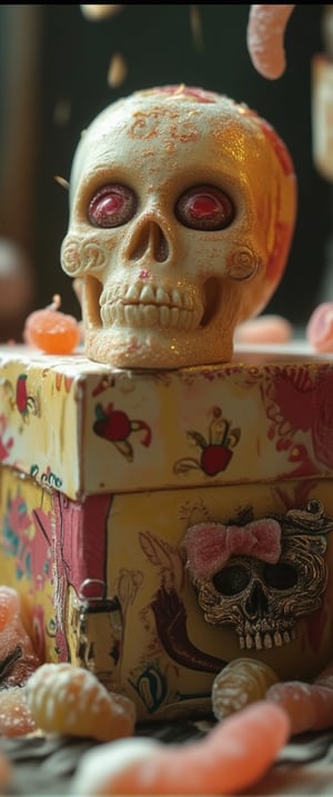 A whimsical still life shot of a sugar skull shaped lollipop perched on a colorful vintage-inspired candy box with a lace trim and ornate metal hardware. Soft focus photography captures the lollipop's translucent sheen, surrounded by a scattering of gummy worms and other treats in a playful, chaotic composition.