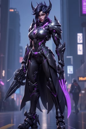 woman in a black outfit and a large claw, wearing techwear and armor, as overwatch character, cyberpunk angry gorgeous goddess, girl in mecha cyber armor, 8 k, cyberpunk mech, cyborg fashion shot, dystopian scifi outfit, sci fi female character, as an overwatch character