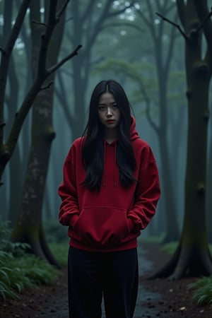 1 girl, long black hair, perfecteyes long black loose trousers put both hands into the pockets of the red hoodie, Smiles, mouth closed seen from afar big old tree, rain, dark forest cinematic dark lighting 16k, realistic, perfect.,mysterious aura,elements of dark surrealism,twisted reality,strange and dreamlike environment,strange silence,mystical vibes,disturbing tension,Restless emotions,emerging shadows,misty fog,dreamy and spooky atmosphere,creepy atmosphere,contrast between light and dark,bright colors with desaturated tones,subtle touches of color to enhance the atmosphere.