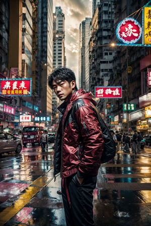 1man,((male)), ((front view)),((eyes on viewer)), man standing in the middle of a street wear jacket,((fit body)), a picture by Ni Yuanlu, pexels contest winner, photorealism, still from a live action movie, in style of kar wai wong, a still of kowloon, movie still 8 k, japanese live-action movie, cinematic. by leng jun, 8 k movie still