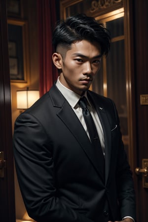 Mid shot of an Asian man's face, features highlighted in a dimly lit setting. His short hair is neatly trimmed, and his gaze is slightly lifted, as if observing something above. The camera captures the subtle sheen on his oily skin, glistening softly in the key lighting. He wears a sleek black suit against a simple, understated background. His straight-cut hairstyle frames his face, with the front view showcasing a clean-shaven jawline and a hint of concentration.