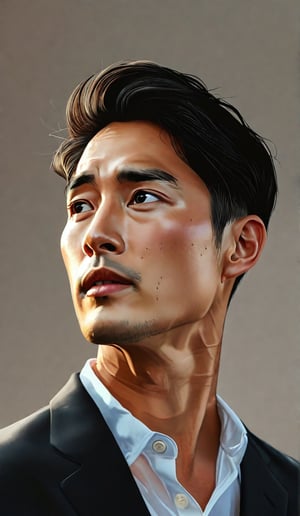 illustration of an asian man's face, his gaze slightly lifted as if observing something above. The camera captures the subtle sheen on his oily skin, which glistens in the dimly lit environment, keylighting.white collared shirt, blazer, simple background,front straight view,  solo focus shiny indoors
