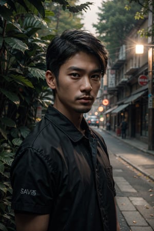 asian man stand in a forest at night, both hand on pocket,middle-cut hairstyle, close up portrait, shot on sony a 7 iii, shot with sony alpha 1 camera, shot on canon eos r 5, shot on canon eos r5, shot with sony alpha, outlive streetwear collection, portrait shot, 7 0 mm portrait, south korean male, solo portrait, 60mm portrait, dark, background, black, backlit, theme,realistic,A perfect closeup photo