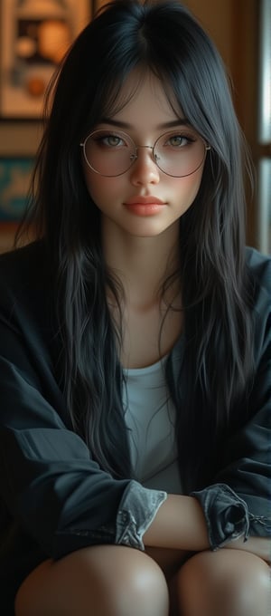 40 years old Asian woman, long straight hair, wear glasses, sit,sad, candid moment, black hair, long sleeves,jacket, white collared shirt, cowboy shot, indoors, open jacket, solo focus, pants