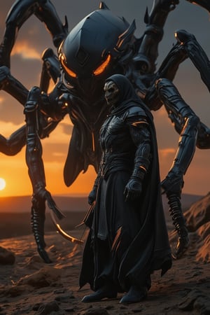 A dark, mystical desert landscape at dusk. A gloomy Middle Eastern-inspired figure, adorned in traditional attire, stands alone, illuminated only by the faint orange glow of setting sun. The air is heavy with foreboding as a massive, grotesque demonic spider looms beside him, its eyes glowing like malevolent embers.