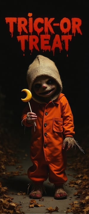 Sam's eerie figure emerges from darkness, round burlap sack mask like scarecrow hiding his face behind stitched seams and button eyes. orange Pyjamas hang loose on his small frame, like a child's costume gone awry. Bloodied hands grasp a crescent moon lollipop, as dry leaves crunch beneath his feet. The iconic phrase Trick-Or-Treat blazes in bold red letters, a beacon of dread against the desolate night.