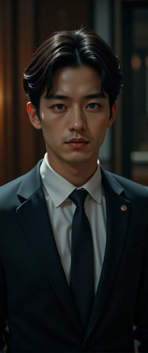 asian man in a suit and tie posing for a picture, short wavy hair, dark suit jacket, light-colored dress shirt, standing pose, looking slightly to the side, smooth skin, indoor environment, dark background with focused lighting, dramatic shadows, formal atmosphere, close-up shot, front view, deep depth of field, well-balanced exposure, no motion blur., cinematic headshot portrait, mid shot portrait, masahiro ito, well lit professional photo,dimly lit environment.