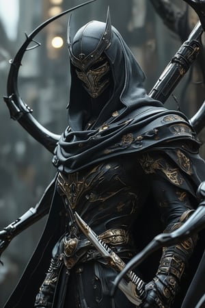 A majestic figure stands, shrouded in mystery, as a Middle Eastern-style hooded cloak envelops his regal presence. A cloth mask adorns his face, its intricate patterns weaving together to create an air of enigmatic calm. At his hip, a glinting dagger hints at the secrets he holds within. His stance is commanding, yet ethereal, as if his feet are buoyed by an unseen force, defying gravity's grasp. In this mystical realm, he summons forth a swirling vortex of colossal spiders, their eight-legged forms coalescing into a mesmerizing whirlwind.