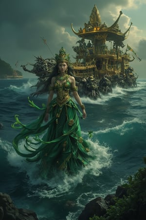 A mystical queen, Nyi Roro Kidul, emerges from the dark depths of the Southern Sea, her ethereal beauty and regal presence captivating all who lay eyes on her. Her long flowing hair flows like seaweed in the ocean's currents as she wears traditional Javanese attire in shades of green, her signature hue. Majestic jewelry adorns her goddess-like form, symbolizing her status as a sea deity. A golden war chariot rises from the waves, accompanied by her undead soldier, an eerie yet awe-inspiring escort.