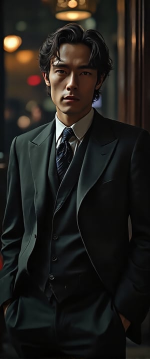 asian man in a suit and tie posing for a picture, short wavy hair, dark suit jacket, light-colored dress shirt, standing pose, looking slightly to the side, smooth skin, indoor environment, dark background with focused lighting, dramatic shadows, formal atmosphere, close-up shot, front view, deep depth of field, well-balanced exposure, no motion blur., cinematic headshot portrait, mid shot portrait, masahiro ito, well lit professional photo,dimly lit environment.