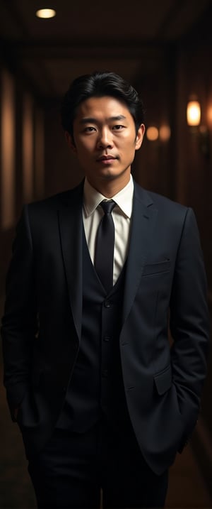 asian man in a suit and tie posing for a picture, short wavy hair, dark suit jacket, light-colored dress shirt, standing pose, looking slightly to the side, smooth skin, indoor environment, dark background with focused lighting, dramatic shadows, formal atmosphere, close-up shot, front view, deep depth of field, well-balanced exposure, no motion blur., cinematic headshot portrait, mid shot portrait, masahiro ito, well lit professional photo,dimly lit environment.