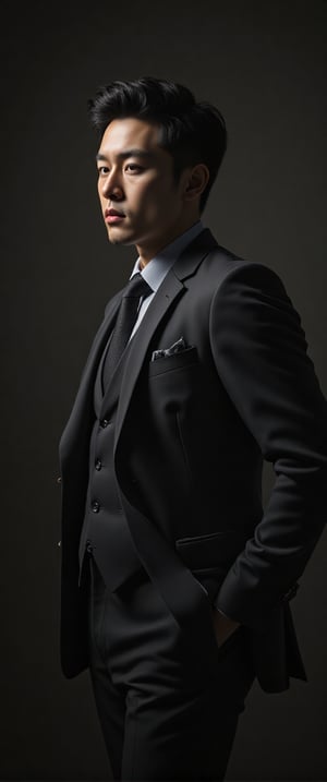 asian man in a suit and tie posing for a picture, short wavy hair, dark suit jacket, light-colored dress shirt, standing pose, looking slightly to the side, smooth skin, indoor environment, dark background with focused lighting, dramatic shadows, formal atmosphere, close-up shot, front view, deep depth of field, well-balanced exposure, no motion blur., cinematic headshot portrait, mid shot portrait, masahiro ito, well lit professional photo,dimly lit environment.