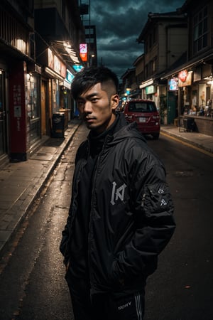 asian man stand in sidewalk at night, both hand on pocket,middle-cut hairstyle, close up portrait, shot on sony a 7 iii, shot with sony alpha 1 camera, shot on canon eos r 5, shot on canon eos r5, shot with sony alpha, outlive streetwear collection, portrait shot, 7 0 mm portrait, south korean male, solo portrait, 60mm portrait, dark, background, black, backlit, theme,realistic,A perfect closeup photo