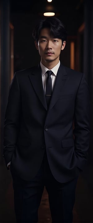 asian man in a suit and tie posing for a picture, short wavy hair, dark suit jacket, light-colored dress shirt, standing pose, looking slightly to the side, smooth skin, indoor environment, dark background with focused lighting, dramatic shadows, formal atmosphere, close-up shot, front view, deep depth of field, well-balanced exposure, no motion blur., cinematic headshot portrait, mid shot portrait, masahiro ito, well lit professional photo,dimly lit environment.