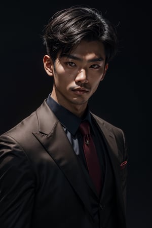 A mid-shot illustration of an Asian man's face, featuring short hair and a gaze slightly lifted as if observing something above. The camera captures the subtle sheen on his oily skin, which glistens in the dimly lit environment with key lighting. He wears a black suit against a simple background, framed straight-on, showcasing his middle-cut hairstyle.