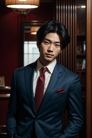 A striking editorial portrait of a suave Asian man, dressed in a dark suit and tie, poses confidently for the camera. The framing is tight, with the subject's face centered and the shoulders filling the frame. Naoki Ikushima's artistic direction guides the composition, as Wonbin Lee's lens captures every detail on the Canon EOS R5. The dramatic portraiture style, reminiscent of U-Know's (Uen) work, exudes sophistication. Siwoo Kim's gaze is piercing, while Jinyoung Shin's features are sharply defined in the high-resolution 8K image. Sun-hyuk Kim's expertise in photorealistic portraits shines through, as the subject appears almost three-dimensional against a subtle background.