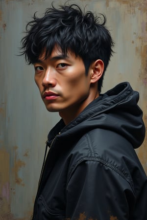 Oil painting, Oil painting art. Oil Painting Portrait oil art, amazing quality, masterpiece, best quality, highres, breathtaking. solo Asian man, late 30's, with short messy black hair. wearing hoodie (hood-down), stands in manly pose. portrait art style,portrait from head to waist, concept art,modern theme . The composition is centered, focusing on captivating expression, rendered with visible brush strokes and detailed oil application, reminiscent of Goya's work.