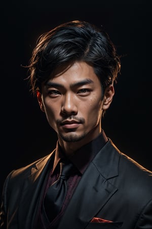 illustration of an asian man's face, short hair, his gaze slightly lifted as if observing something above. The camera captures the subtle sheen on his oily skin, which glistens in the dimly lit environment, keylighting.fblack suit, simple background,front straight view,middle cut hairstyle