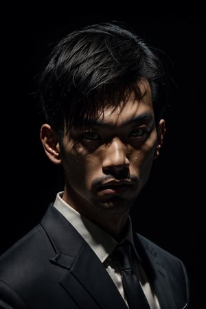 A mid-shot illustration of an Asian man's face, featuring short hair and a gaze slightly lifted as if observing something above. The camera captures the subtle sheen on his oily skin, which glistens in the dimly lit environment with key lighting. He wears a black suit against a simple background, framed straight-on, showcasing his middle-cut hairstyle.