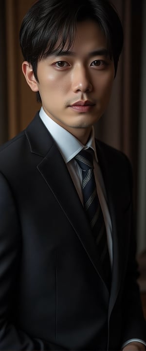 asian man in a suit and tie posing for a picture, short wavy hair, dark suit jacket, light-colored dress shirt, standing pose, looking slightly to the side, smooth skin, indoor environment, dark background with focused lighting, dramatic shadows, formal atmosphere, close-up shot, front view, deep depth of field, well-balanced exposure, no motion blur., cinematic headshot portrait, mid shot portrait, masahiro ito, well lit professional photo,dimly lit environment.