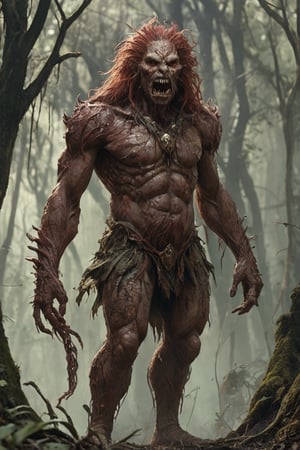 "from indonesian legend, A grotesque character emerges from the eerie forest backdrop: a towering figure with a slender yet muscular physique, its hair is curly and thick. its jawline protruding as two sharp fangs sprout from below like wicked daggers. A fiery red face contorts with a snarl, eyes that really big, seem to bore into the soul. wearing robe, bright royal clothes and Adorned with golden jewelry like a twisted crown and necklace, this abomination stands out against the dark forest surroundings, an air of horror and foreboding settling around it like a shroud"