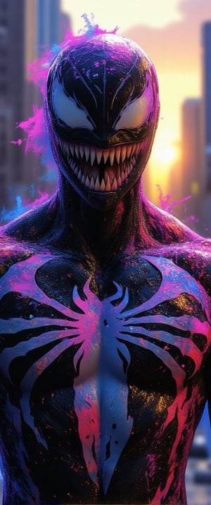 Close-up shot of Venom's symbiote suit, radiating a vibrant aura of bright blue, pink, and yellow hues. The usually dark and edgy design now sports a playful, cartoonish aesthetic, complete with swirling patterns resembling confetti or fireworks. The suit's texture appears slightly glossy, as if infused with a hint of sparkle. In the background, a cityscape at sunset, with buildings and trees bathed in warm orange and purple tones.