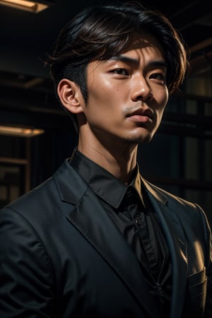 mid shot illustration of an asian man's face, short hair, his gaze slightly lifted as if observing something above. The camera captures the subtle sheen on his oily skin, which glistens in the dimly lit environment, keylighting.fblack suit, simple background,front straight view,middle cut hairstyle