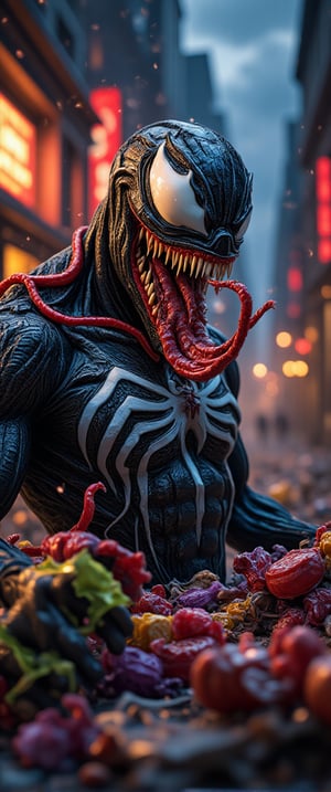 A vibrant, comic book-inspired image of a colourful candy cane symbiote merged with Venom's iconic face, set against a dark, gothic cityscape at dusk. The symbiote's swirling, sugary tendrils wrap around Venom's scowling visage, as he stands atop a pile of discarded candy wrappers and shattered glass, lit by the eerie glow of neon streetlights.