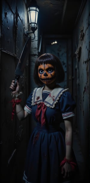 In the dimly lit dark alley, a Japanese schoolgirl clad in a crisp uniform and donning a jack-o'-lantern mask, adorns herself with a bright red ribbon tied around her wrist. Her bob-cut hair is styled perfectly, amidst a subtle hint of bloodstain on her clothes. Holding aloft a menacing large kitchen knife, she exudes an air of foreboding intensity.