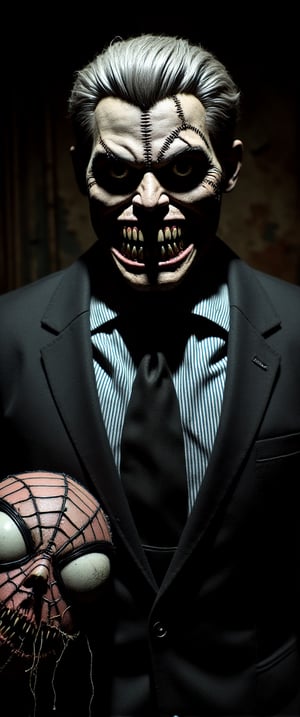 "A haunting image of a classic villain, Tombstone from the Spider-Man universe. A muscullar middle-aged man, dressed in a black suit, black tie, and blue striped collared shirt, exudes menace. His square face, stone-colored skin, pug nose, and wide mouth with pointy teeth convey a sense of cold calculation. Silver-hued hair, styled like Ivan Drago's, adds an air of sophistication to his rugged features. He holds a ripped Spider-Man mask in his hand, symbolizing the destruction he seeks to inflict upon the web-slinger. The framing captures Tombstone's imposing presence, with the black suit and tie creating a dramatic silhouette against a dark background. Lighting is low-key, highlighting the villain's intense gaze and emphasizing the torn mask as a potent symbol of chaos."