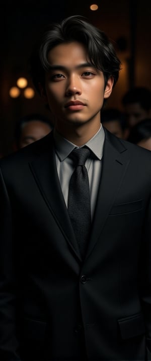 asian man in a suit and tie posing for a picture, short wavy hair, dark suit jacket, light-colored dress shirt, standing pose, looking slightly to the side, smooth skin, indoor environment, dark background with focused lighting, dramatic shadows, formal atmosphere, close-up shot, front view, deep depth of field, well-balanced exposure, no motion blur., cinematic headshot portrait, mid shot portrait, masahiro ito, well lit professional photo,dimly lit environment.