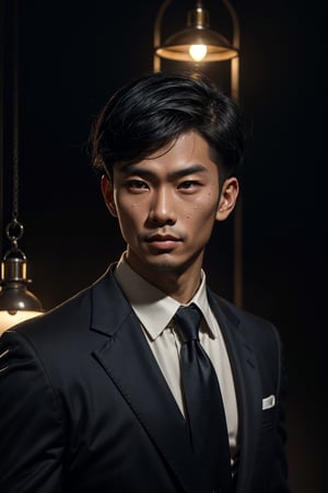 A mid-shot illustration of an Asian man's face, featuring short hair and a gaze slightly lifted as if observing something above. The camera captures the subtle sheen on his oily skin, which glistens in the dimly lit environment with key lighting. He wears a black suit against a simple background, framed straight-on, showcasing his middle-cut hairstyle.