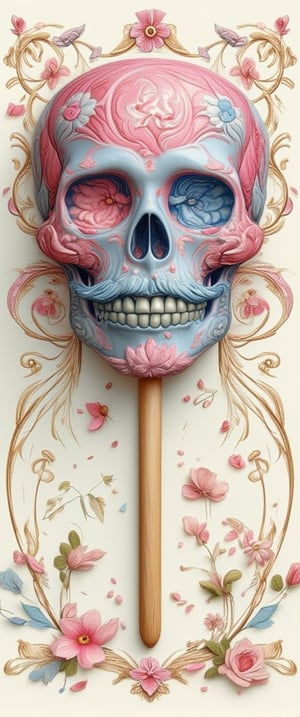 A vibrant illustration of a skull-shaped lollipop, with a sweet-tooth's delight. The candy is rendered in pastel hues of pink and blue, with swirling patterns resembling sugar crystals. A delicate skull shape forms the body of the treat, adorned with a waxy mustache and a sly grin. Framed by a whimsical floral arrangement, this confectionery creation is set against a soft, creamy background, inviting the viewer to indulge in its sugary charm.