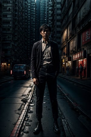 1man,((male)),looking at viewer, short hair, shirt, black hair, closed mouth, standing, (white collared shirt),(rolled up long sleeves). male focus, outdoors, pants, black pants, box, jeans, realistic, shop, a picture by Ni Yuanlu, pexels contest winner, photorealism, still from a live action movie, in style of kar wai wong, a still of kowloon, movie still 8 k, japanese live-action movie, cinematic. by leng jun, 8 k movie still,shop, realistic