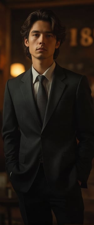 asian man in a suit and tie posing for a picture, short wavy hair, dark suit jacket, light-colored dress shirt, standing pose, looking slightly to the side, smooth skin, indoor environment, dark background with focused lighting, dramatic shadows, formal atmosphere, close-up shot, front view, deep depth of field, well-balanced exposure, no motion blur., cinematic headshot portrait, mid shot portrait, masahiro ito, well lit professional photo,dimly lit environment.