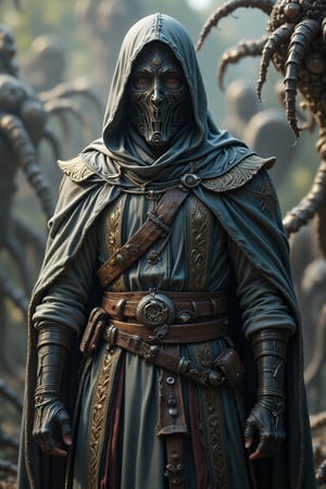 A majestic figure stands, shrouded in mystery, as a Middle Eastern-style hooded cloak envelops his regal presence. A cloth mask adorns his face, its intricate patterns weaving together to create an air of enigmatic calm. At his hip, a glinting dagger hints at the secrets he holds within. His stance is commanding, yet ethereal, as if his feet are buoyed by an unseen force, defying gravity's grasp. In this mystical realm, he summons forth a swirling vortex of colossal spiders, their eight-legged forms coalescing into a mesmerizing whirlwind.