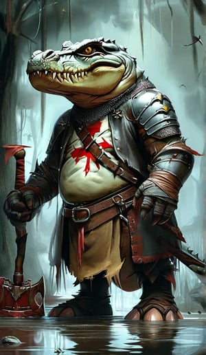 In a dimly lit, misty swamp setting, a behemoth alligator warrior stands tall, its scaly skin glistening with a silver sheen. The alligator's face is fierce, but the human visage on the back of its head appears weary, as if burdened by the weight of its beer belly and strongman physique. A red cross painted across its body serves as a symbol of its unyielding will. Clad in leather pants and boots, it wears a medieval steel helmet adorned with feathers, holding aloft a claw-like staff that seems to be pulsing with ancient power.