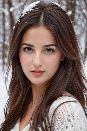 There a woman isma young beautiful Russian girl , face features like Katrina Kaif, Standing looking into the camera, portrait causal photo,. Realism,Realism,Portrait
,Raw photo, ,snowbunnies,Extremely Realistic